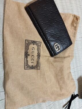 Gucci Dark Brown Embossed GG Leather Long Wallet with Gold Double G